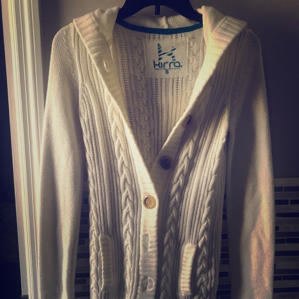 Cream/ white colored button up sweater with hoodie